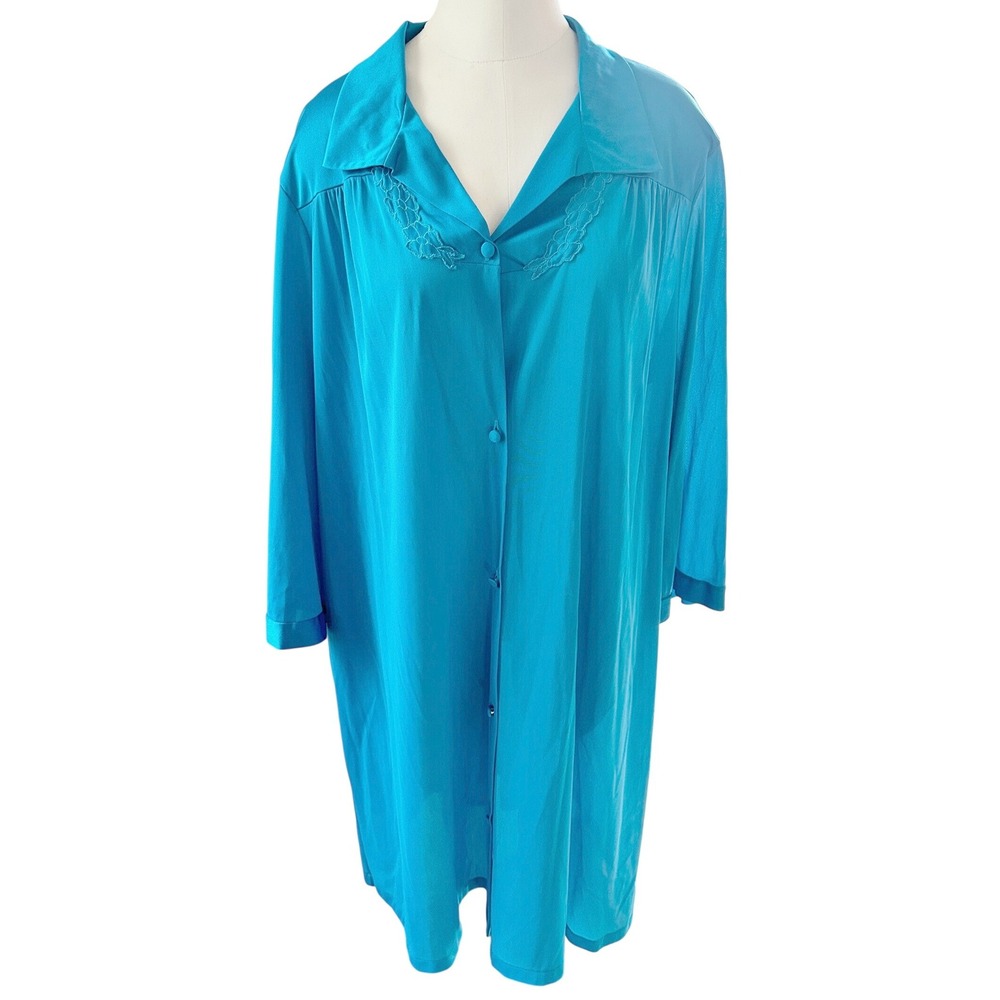 Vanity Fair Nightgown Women Large Turquoise‎ Blue Button Front Embroidered VTG